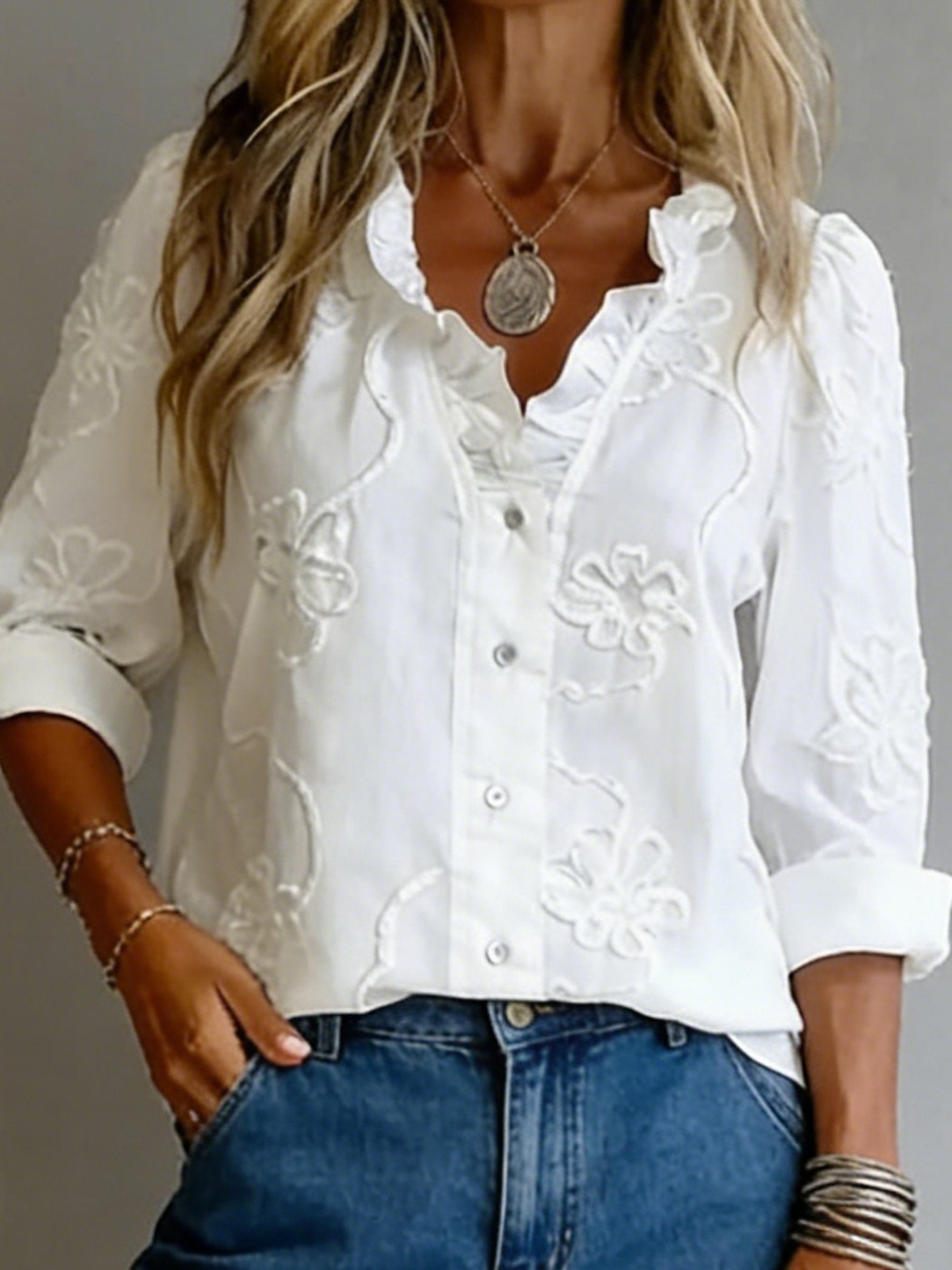 Women Elegant Ruffle Embroidery Patterns Floral The Quarter Sleeve V Neck Spring Summer Going Out Casual Blouse
