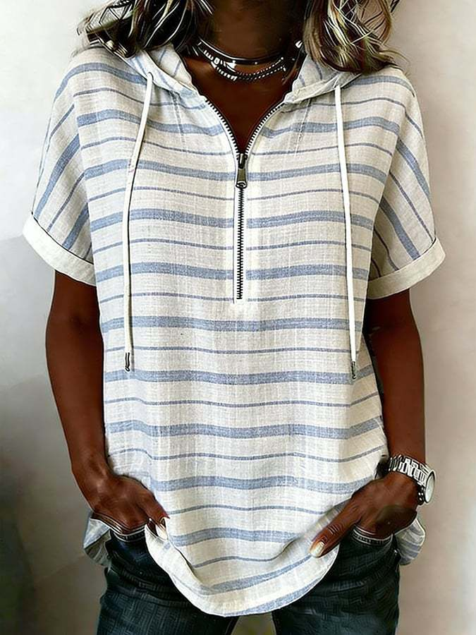 3D Printing Cotton And Linen V Neck Short Sleeve Zipper Summer Going Out Hoodie Casual Blouse