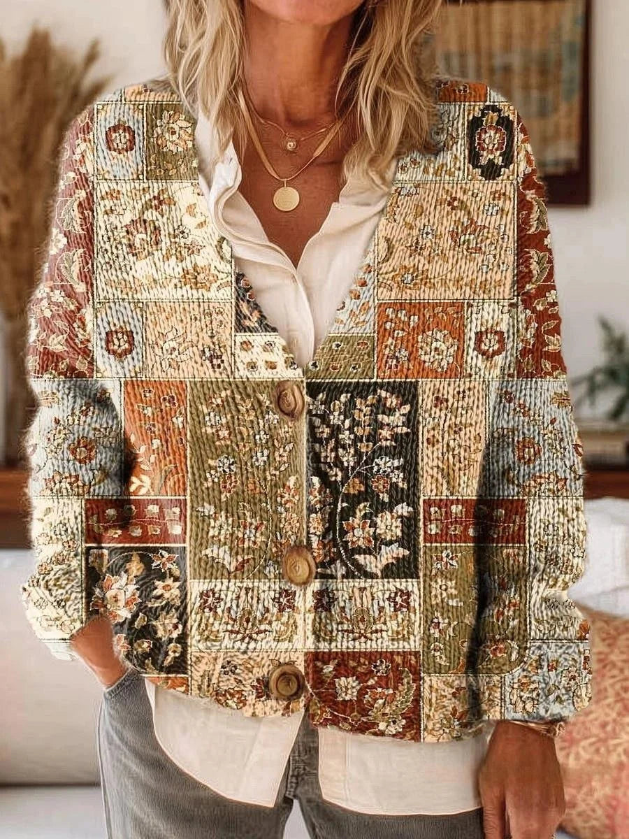 Bohemian Patchwork Pattern Art Print Buttoned V-neck Cardigan Sweater