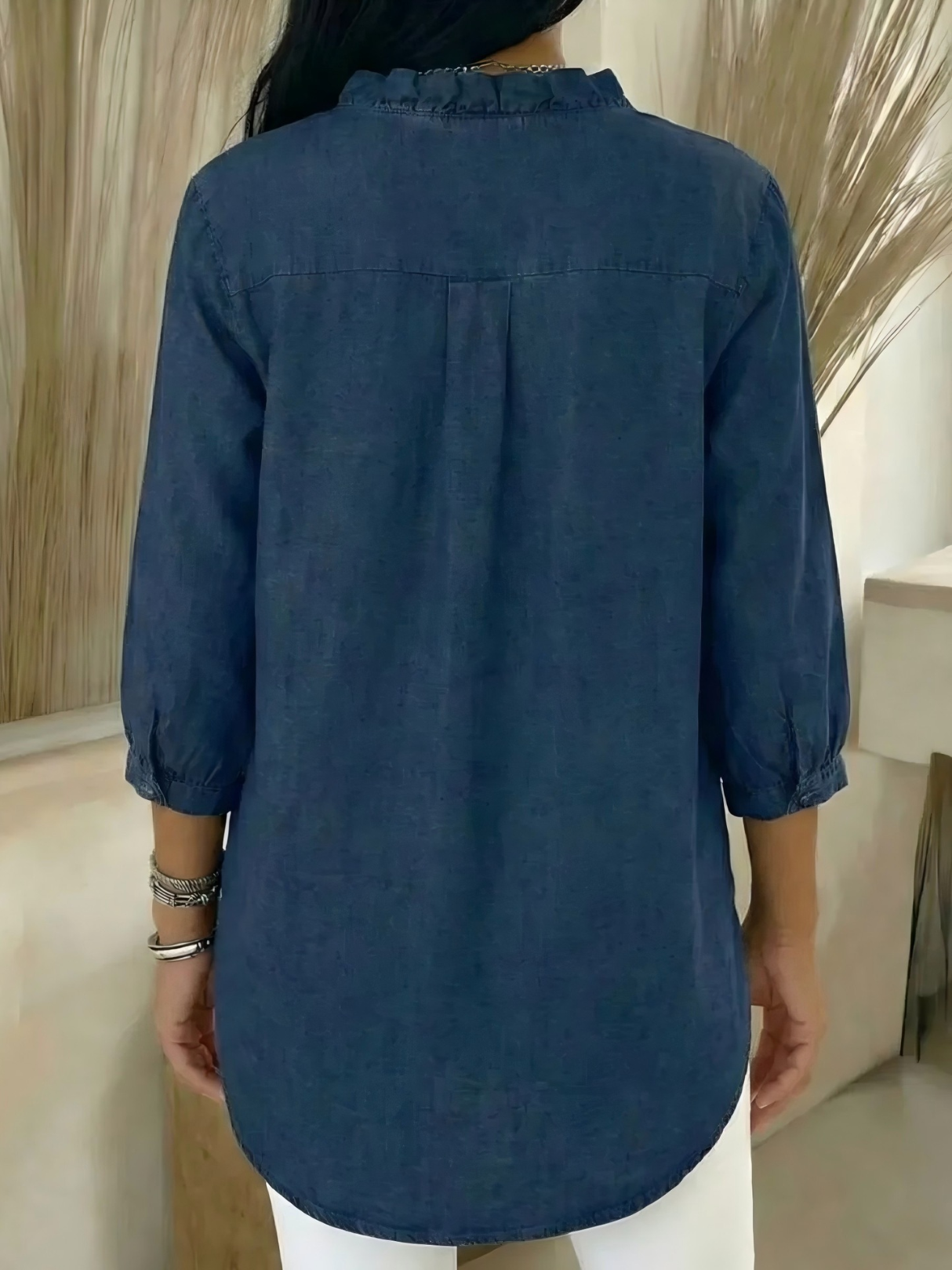 Plain Elegant V Neck Ruffle Denim Blouse