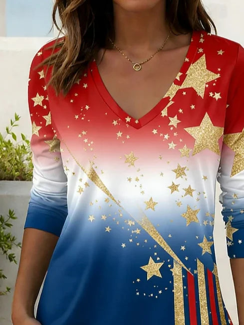 Women's Long Sleeve T-shirt Spring/Fall As Picture Independence Day (Flag) Printing V Neck Holiday Going Out Casual Top
