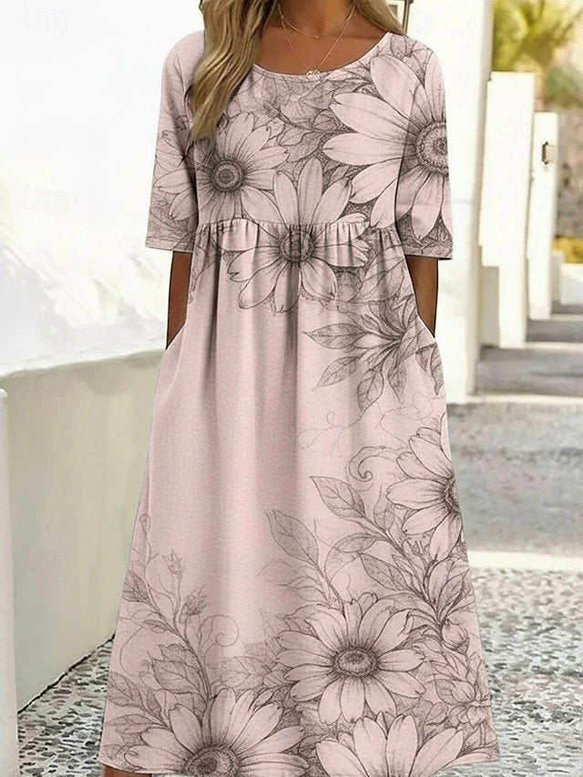 Floral Casual Crew Neck Loose Dress With No