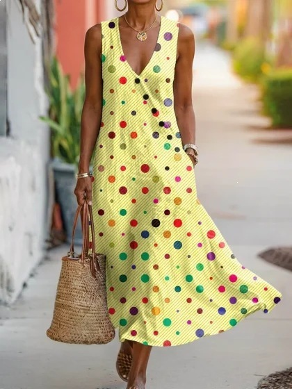 Linen Look Colorful Polka Dots V Neck Sleeveless Button Summer Vacation Casual Maxi Dress