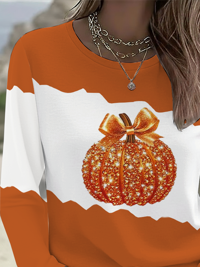 Women's Long Sleeve T-shirt Spring/Fall Orange Halloween (pumpkin) Printing Jersey Crew Neck Daily Going Out Casual Top