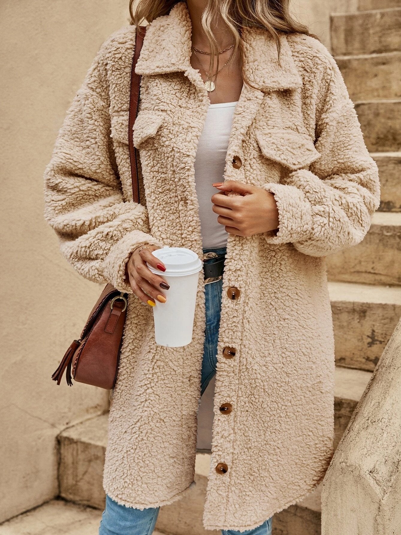 Fluff/Granular Fleece Fabric Plain Shawl Collar Elegant Coat