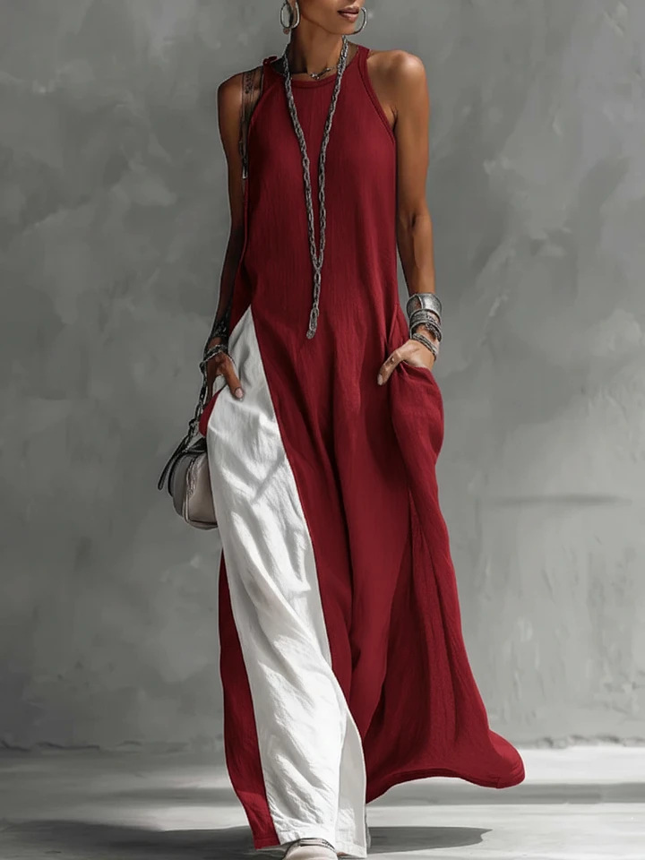 Casual Color Block Crew Neck Maxi Dress