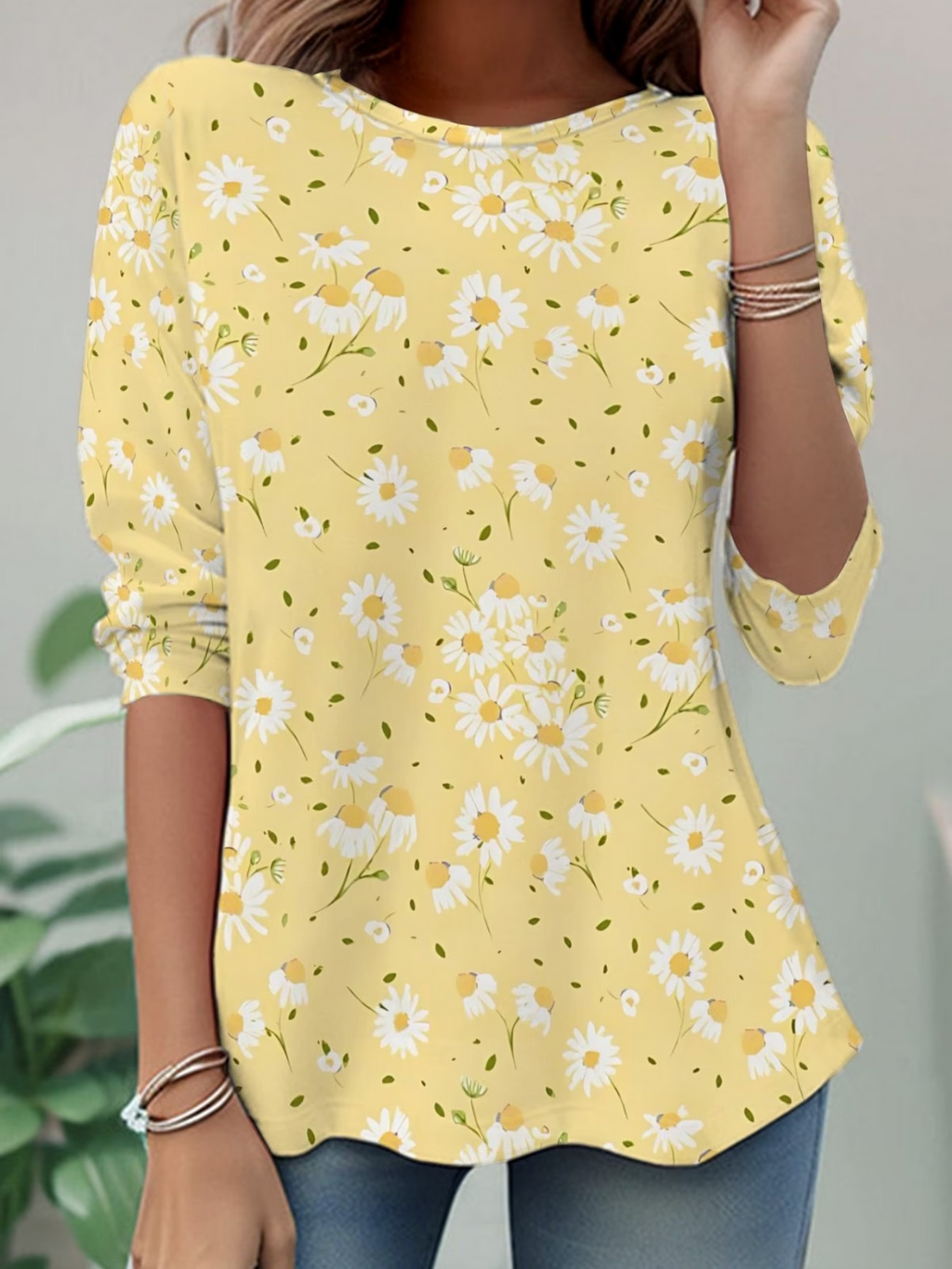 Women's Long Sleeve T-shirt Spring/Fall Yellow Floral Jersey Crew Neck Daily Going Out Casual Top