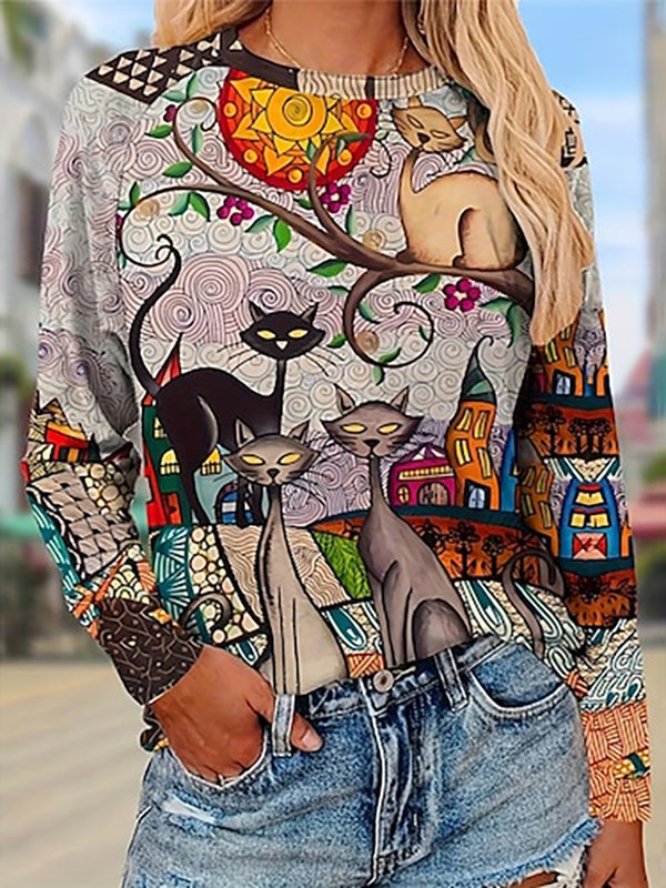 Cute Cat Design Round Neck Casual T-Shirt