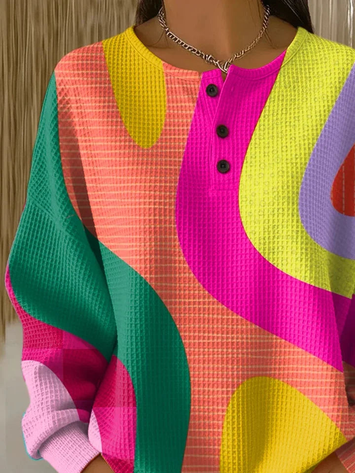 Women's Color Blocking Print Button-Up Casual Waffle Knit Sweatshirt