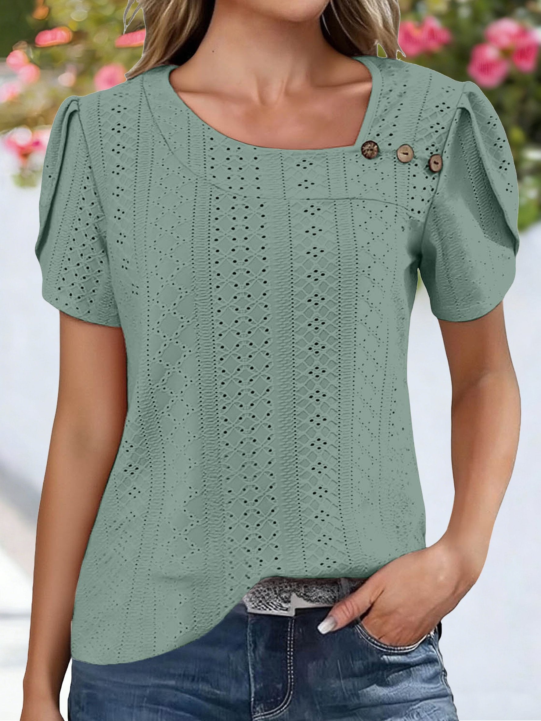Asymmetrical Neck Button Short Sleeve Summer Going Out Casual T-Shirt
