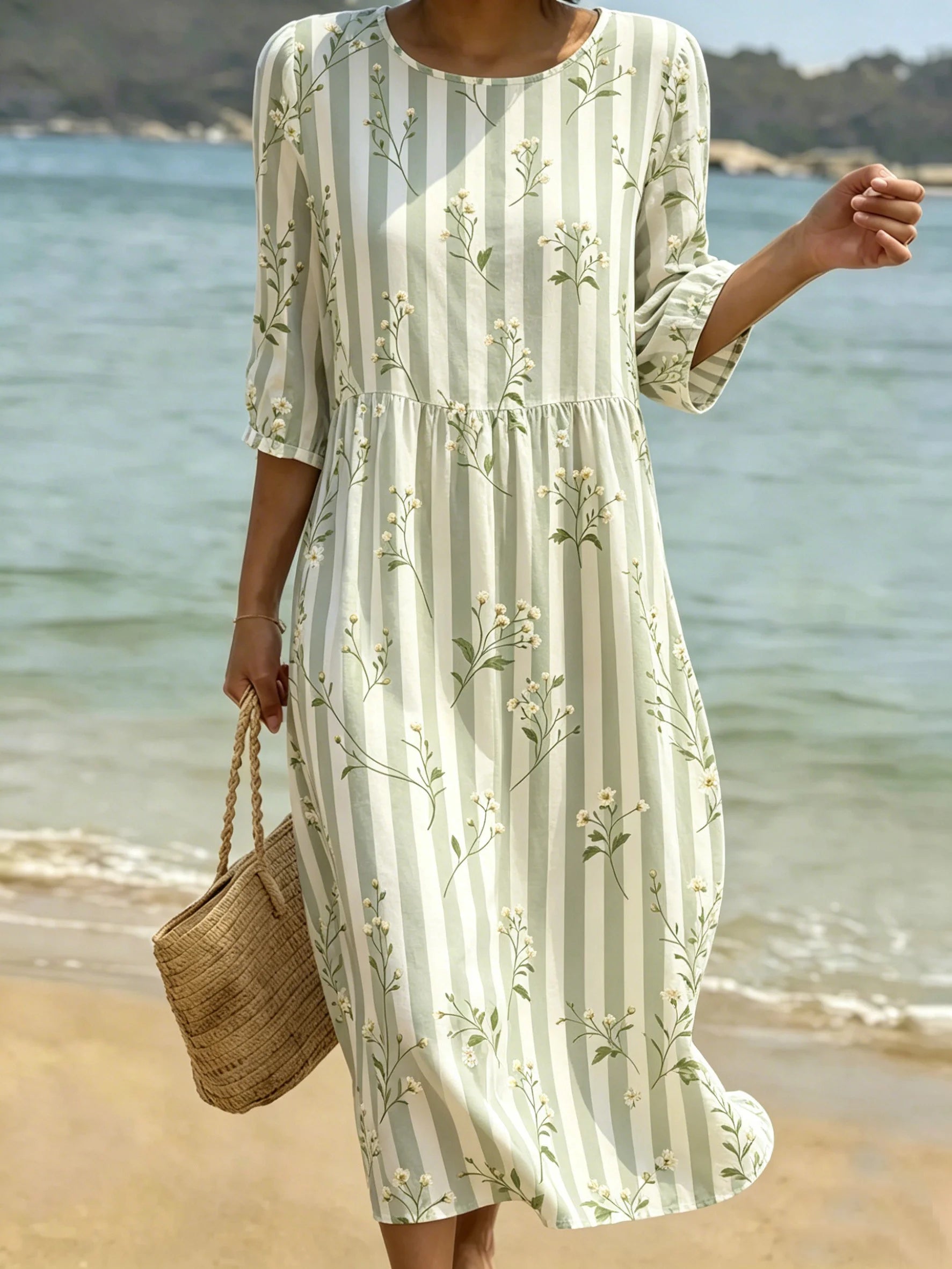 Women's As Picture Striped Floral Printed Casual Crew Neck Cotton-Blend Ocean Pattern Casual Midi Dress
