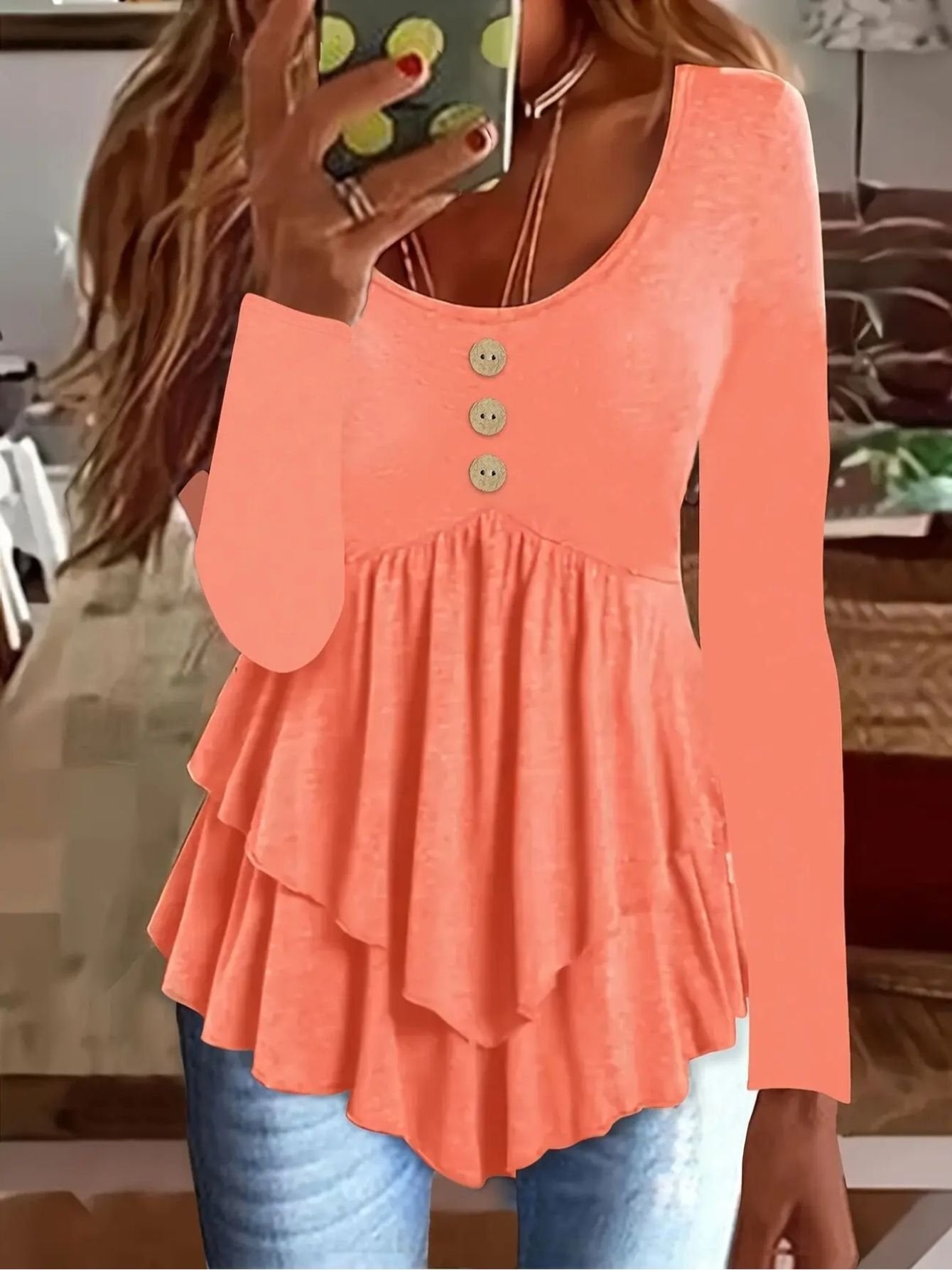 Elegant Commuting Slim Fit Three-Button Casual Solid Color Long-Sleeved Dress Top