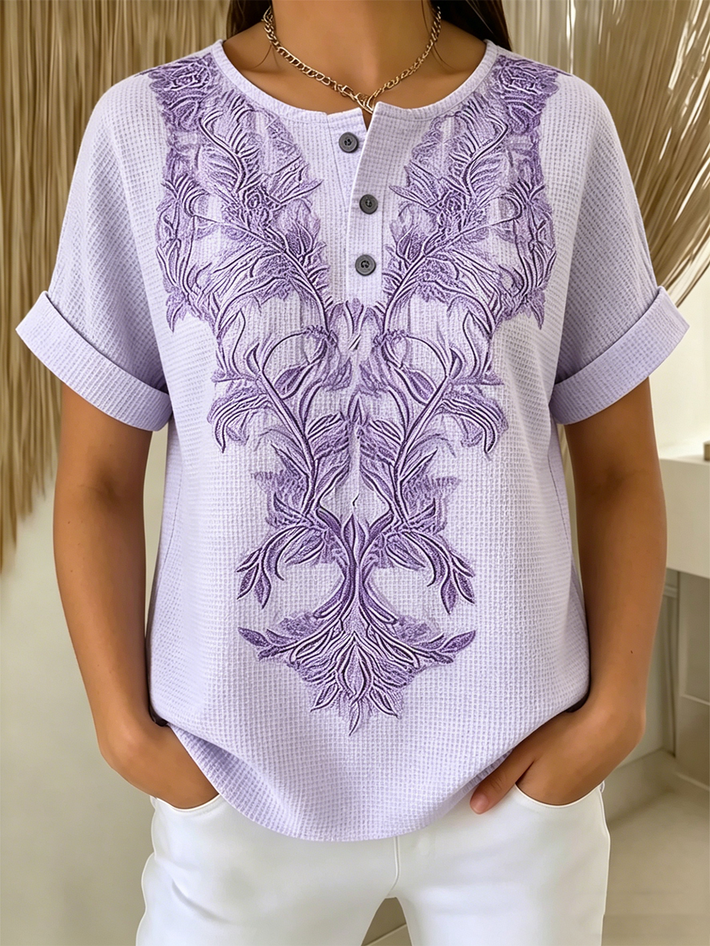 Light Purple Floral Printed Henley Neck T-Shirt