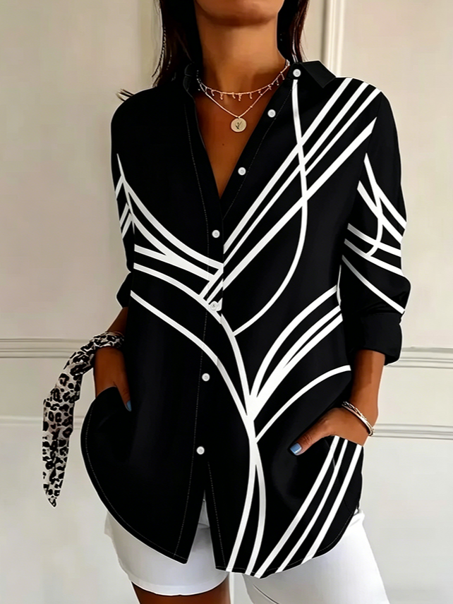Women's Long Sleeve Shirt Spring/Fall Black Abstract Buckle Shirt Collar Regular Sleeve Daily Going Out Casual Top