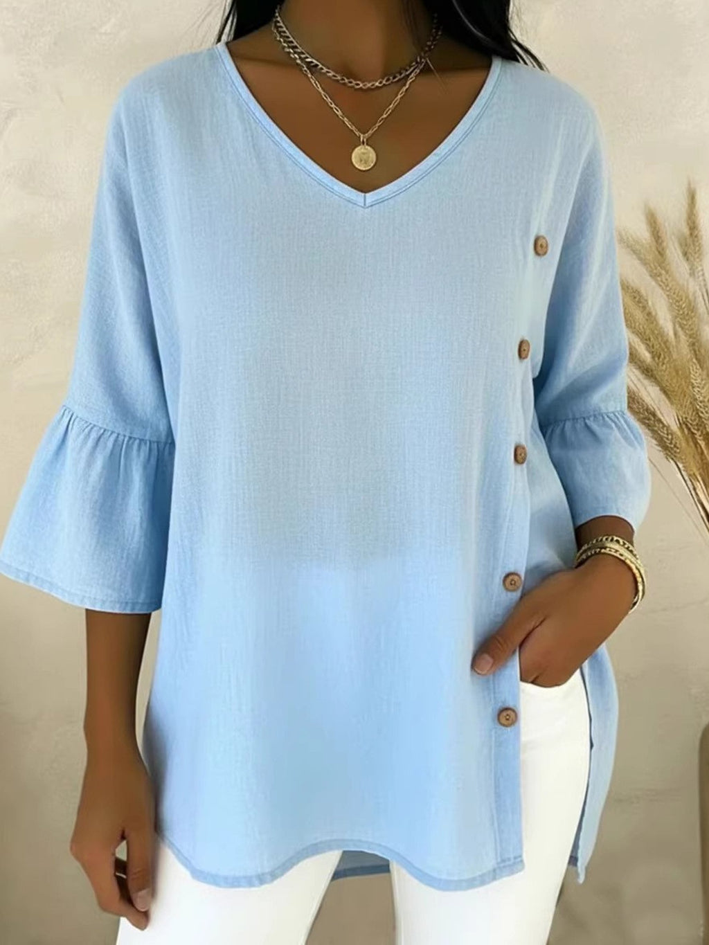 V Neck Button Design The Quarter Sleeve Elegant Blouse