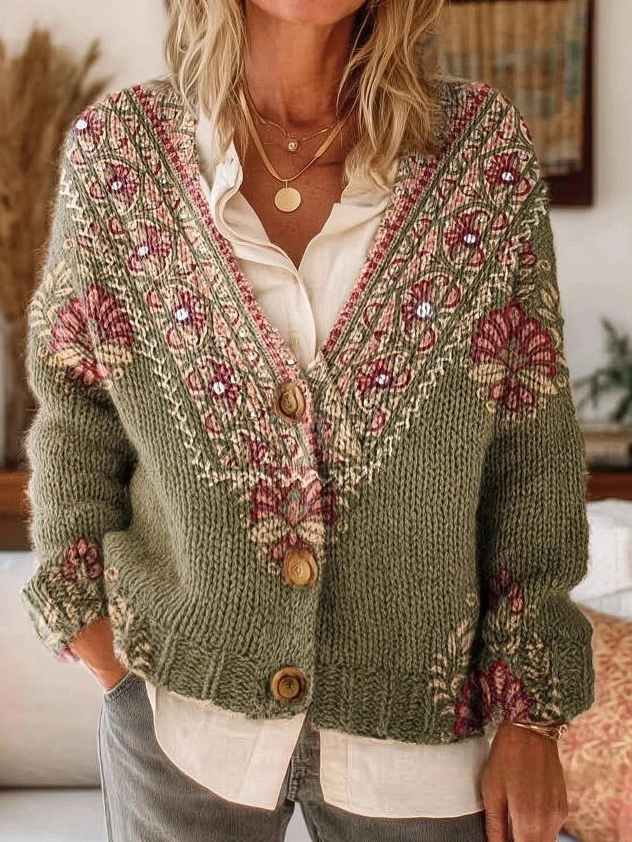 Retro Ethnic Pattern Art Print Button-Front V-Neck Cardigan Sweater
