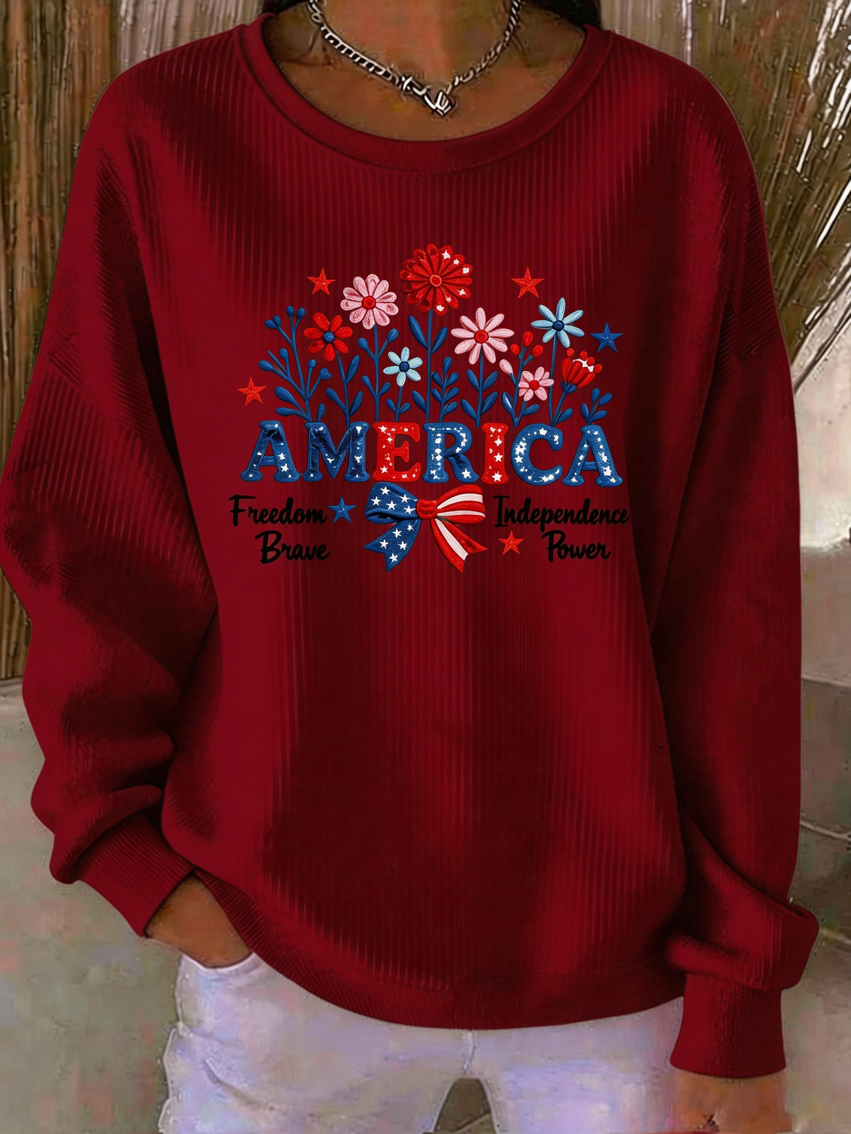 Patriotic Floral 'AMERICA' Ribbed Sweatshirt