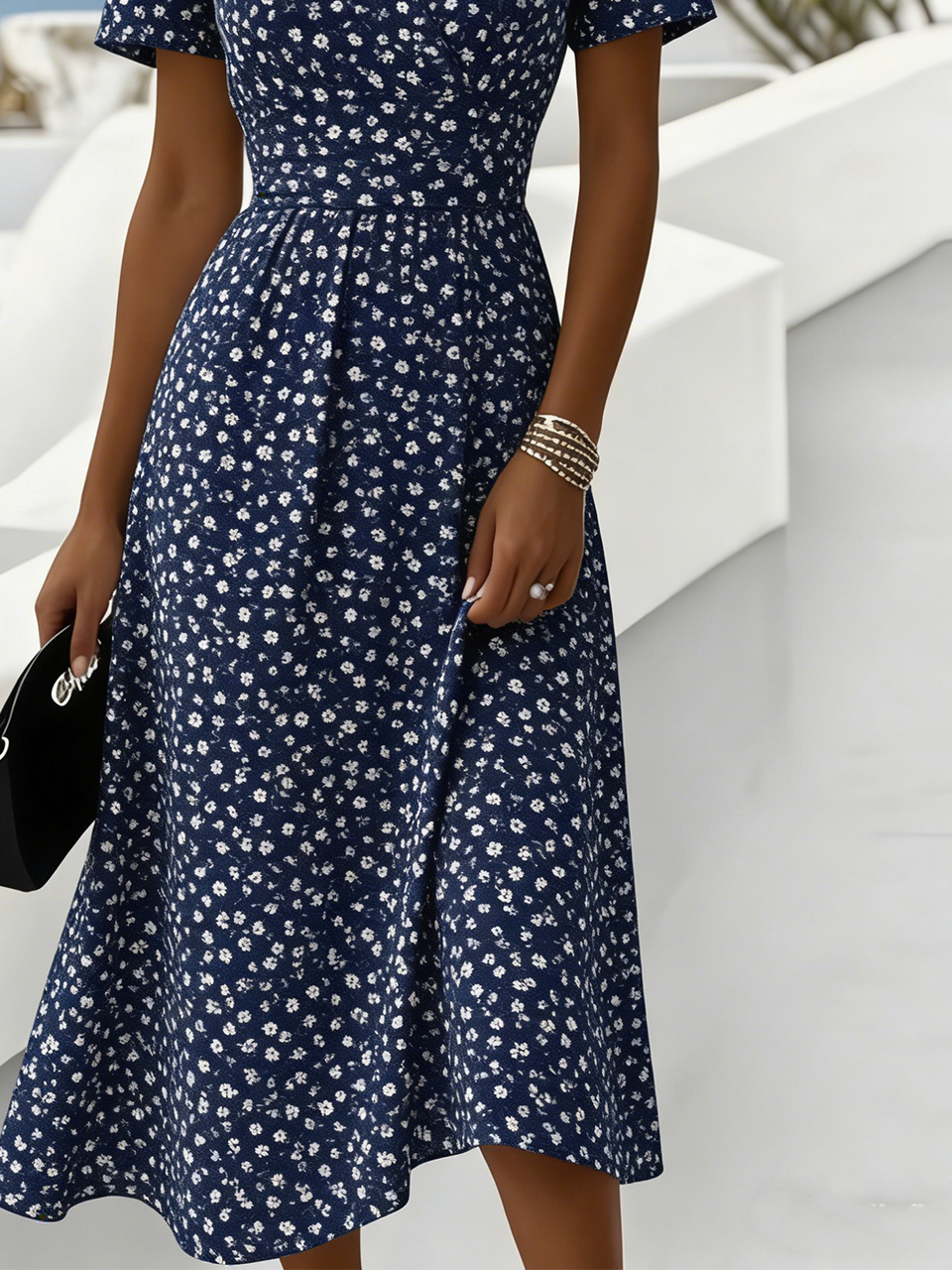 Regular Fit Floral Elegant V Neck Dress With No