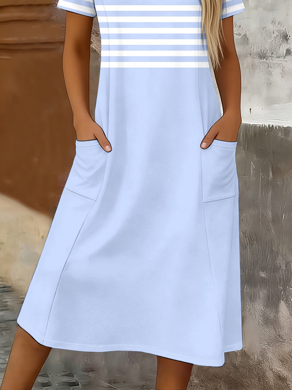 Women's Short Sleeve Summer Blue Striped Printing Crew Neck Daily Going Out Casual Maxi H-Line T-Shirt Dress Dress