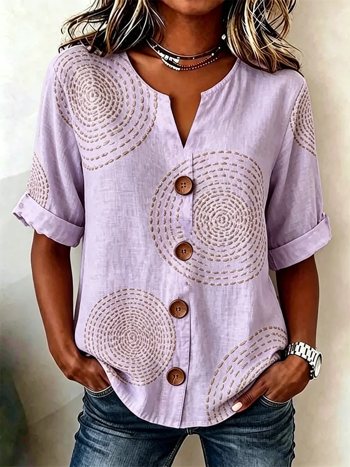 Women's Geometric Print Linen Blend V-Neck Button Front Rolled Sleeve Blouse