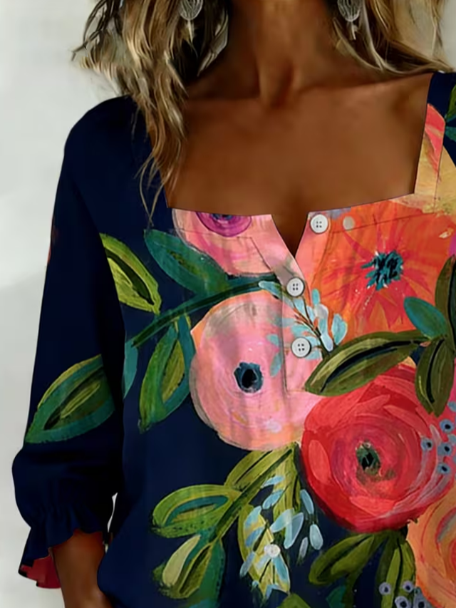 Women's Three Quarter Sleeve Blouse Spring/Fall Navyblue Floral Printing Square Neck Daily Going Out Vintage Top