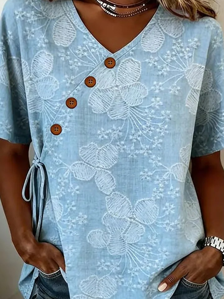 Elegant Cotton And Linen Floral Shirt