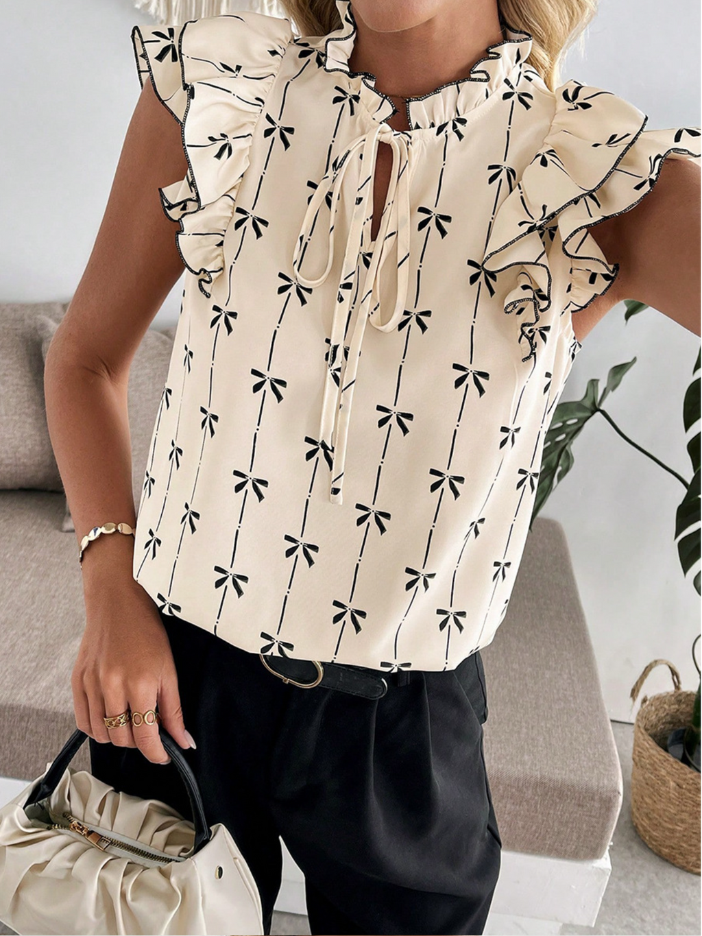Elegant Bow Print Ruffle Drawstring Regular Fit 3D Printing Crew Neck Going Out Casual Blouse