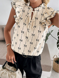 Elegant Bow Print Ruffle Drawstring Regular Fit 3D Printing Crew Neck Going Out Casual Blouse