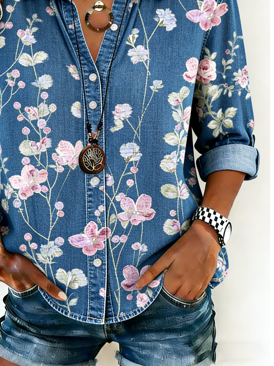 Faux Denim Print Graphic Casual Loose Shirt