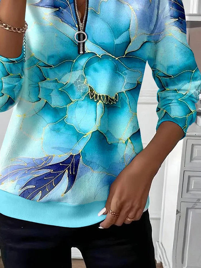 Women's Abstract Print Casual Zipper Long Sleeve Sweatshirt