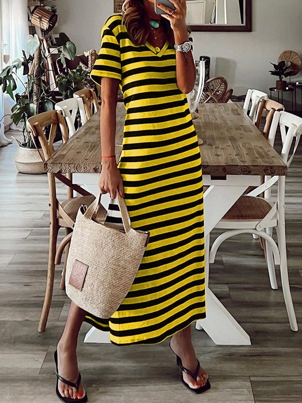 Women's Short Sleeve Summer White Striped Split Joint V Neck Daily Going Out Casual Maxi A-Line T-Shirt Dress Dress