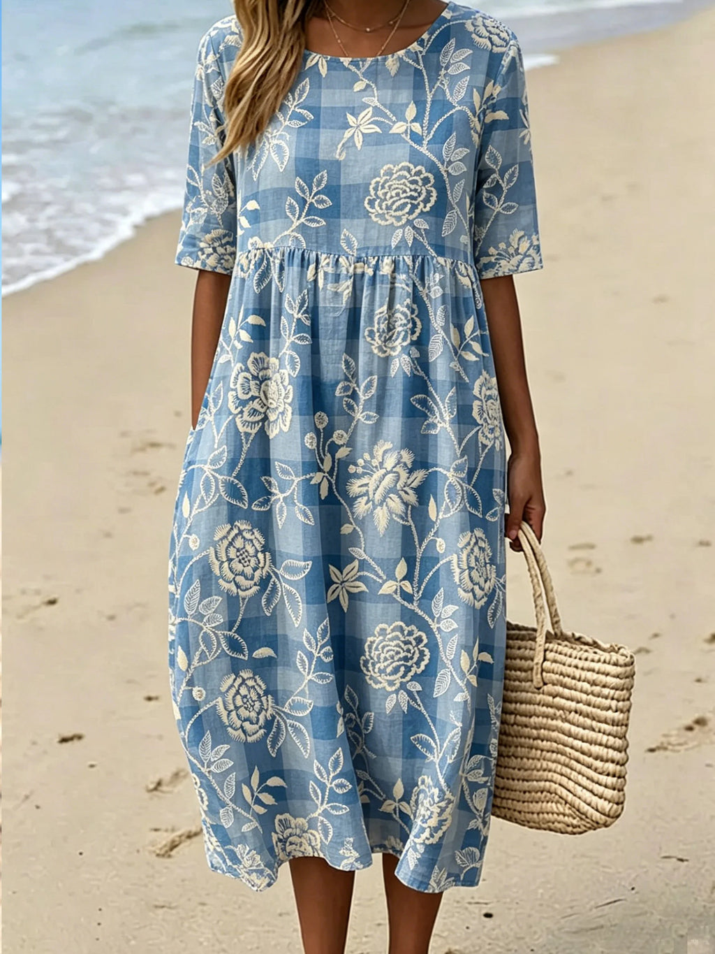 Pliad Floral Crew Neck Short Sleeve Summer Daily Going Out Casual Maxi Dress