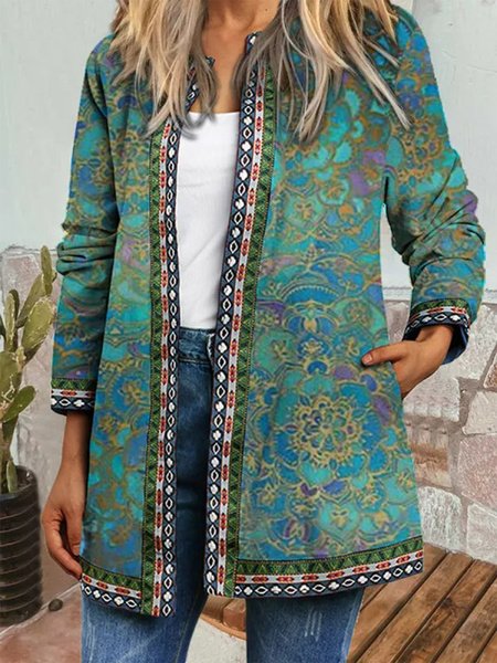 Women Casual Floral Spring/Fall Zipper Natural Loose Regular Jackets