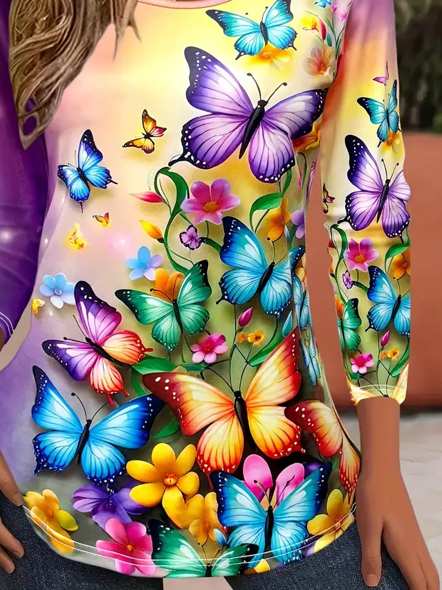 Women's Long Sleeve T-shirt Spring/Fall Purple Butterfly Printing Jersey Crew Neck Daily Going Out Casual Top
