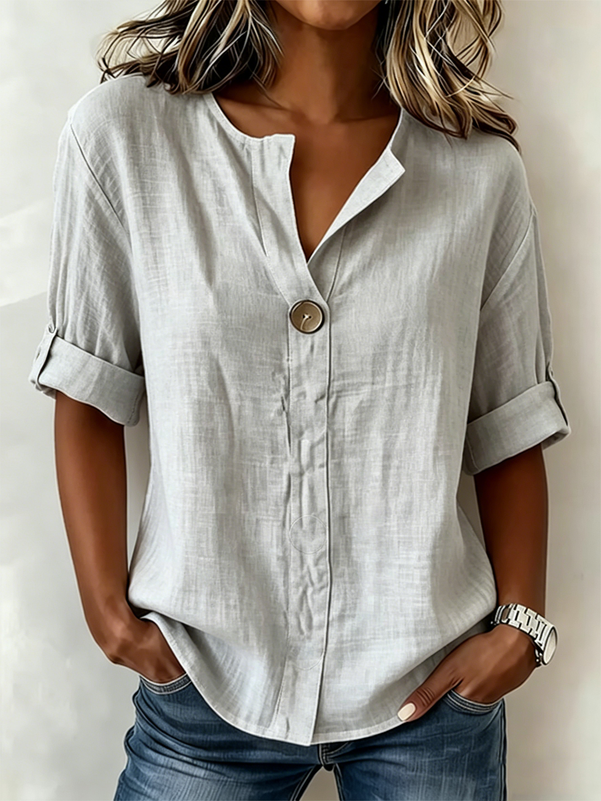 Solid White Henley Neck Button Front Short Sleeve Blouse