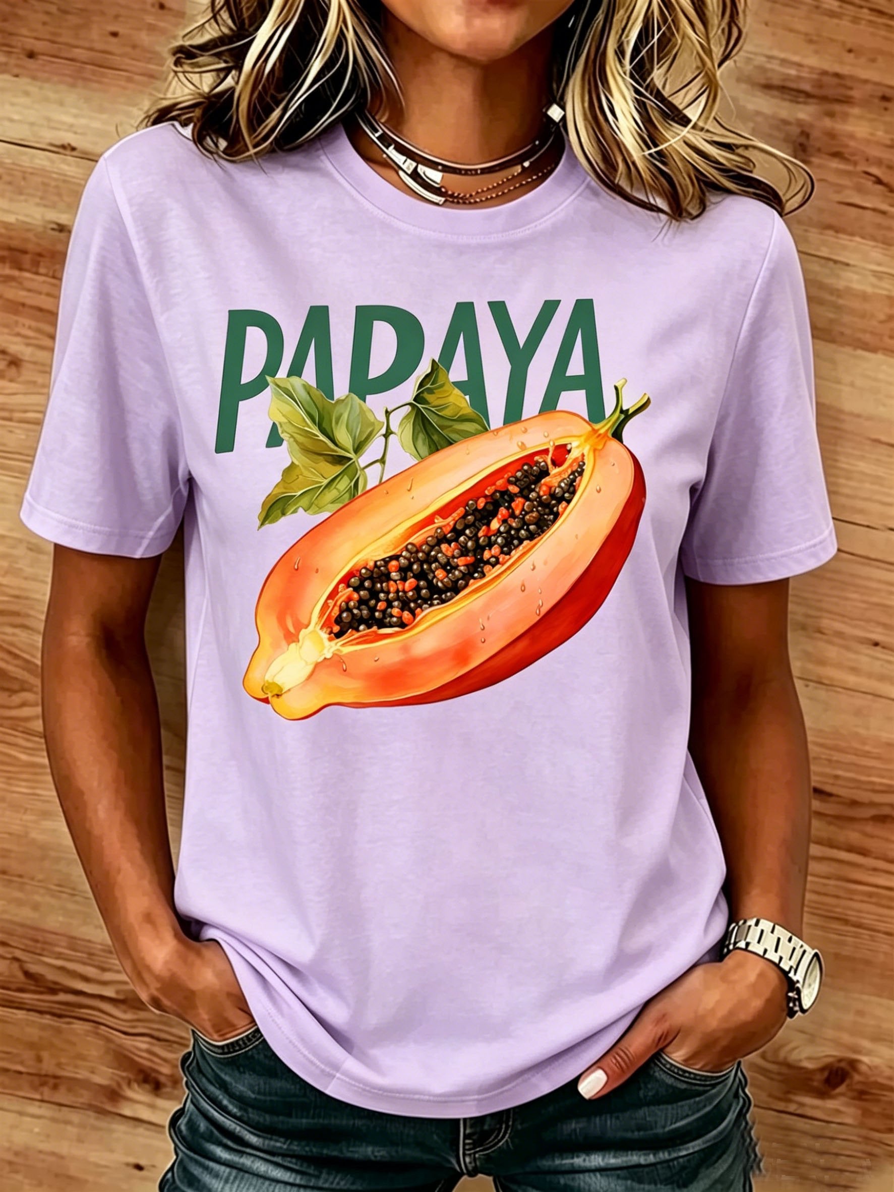 Papaya Fruit Cotton Round Neck Short Sleeve Casual T-Shirt