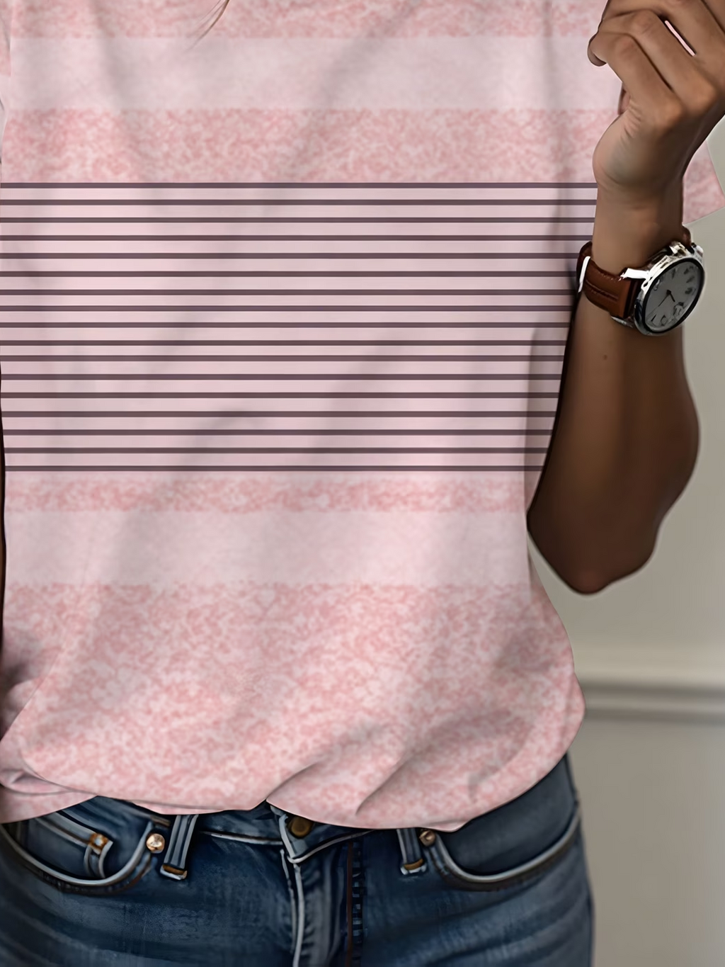 Women's Short Sleeve T-shirt Summer Pink Striped Printing Jersey Crew Neck Daily Going Out Casual Top