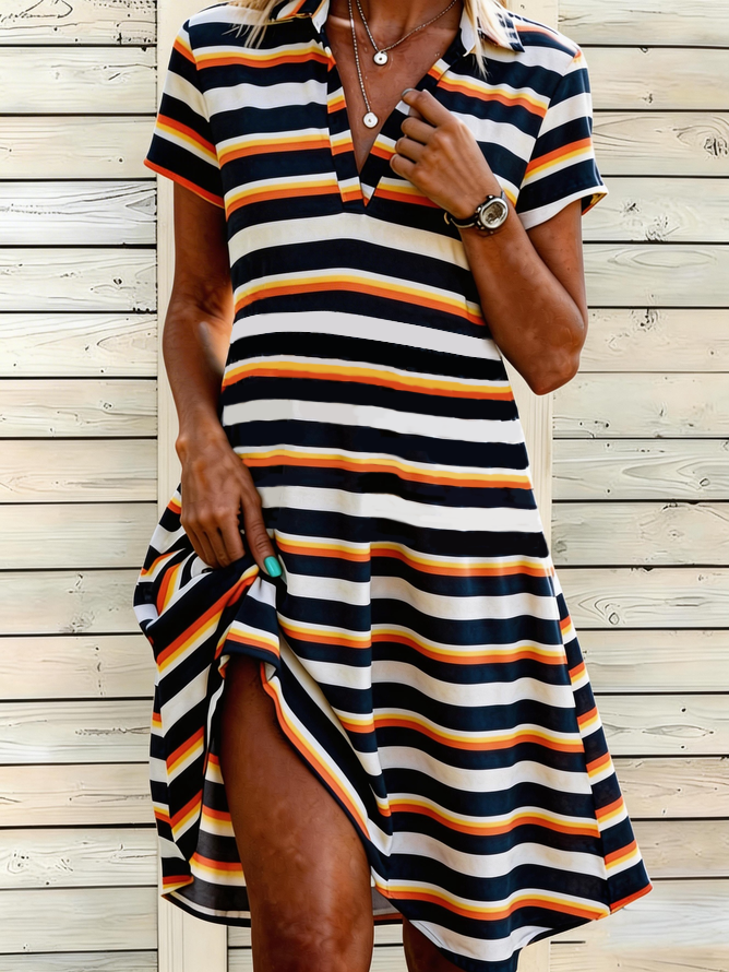 Women’s Striped V Neck Short Sleeve T Shirt Midi Dress Beach Vacation Dress