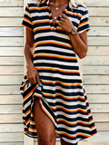 Women’s Striped V Neck Short Sleeve T Shirt Midi Dress Beach Vacation Dress