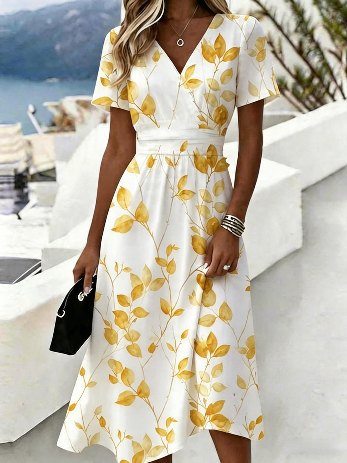 V Neck Elegant Regular Fit Botanical Pattern Dress With No