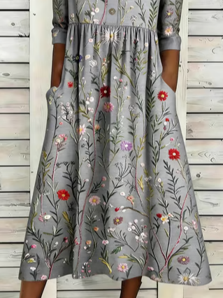 Vintage Loose Botanical Pattern Half Open Collar Dress With No