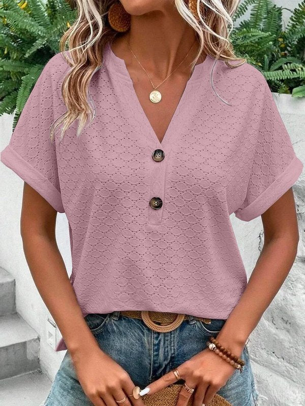 Women's Short Sleeve T-shirt Summer Yellow Plain Buckle V Neck Daily Going Out Casual Top