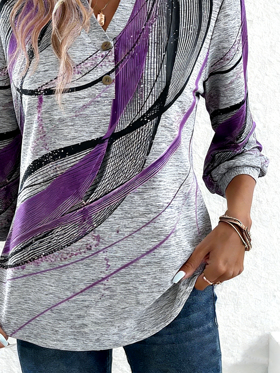 Geometric V Neck Elegant Loose T-Shirt
