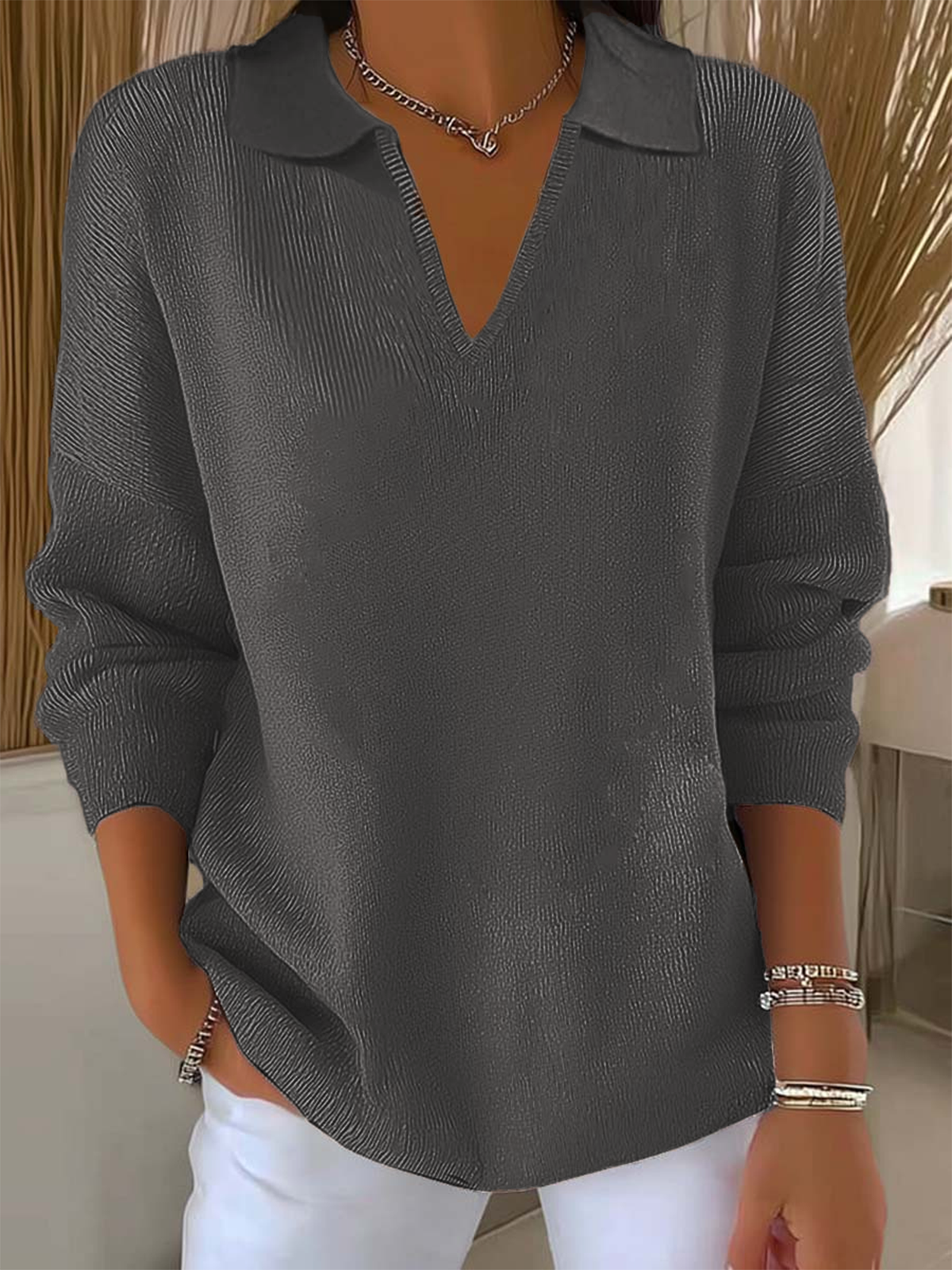 Plain Casual Loose V Neck Sweater