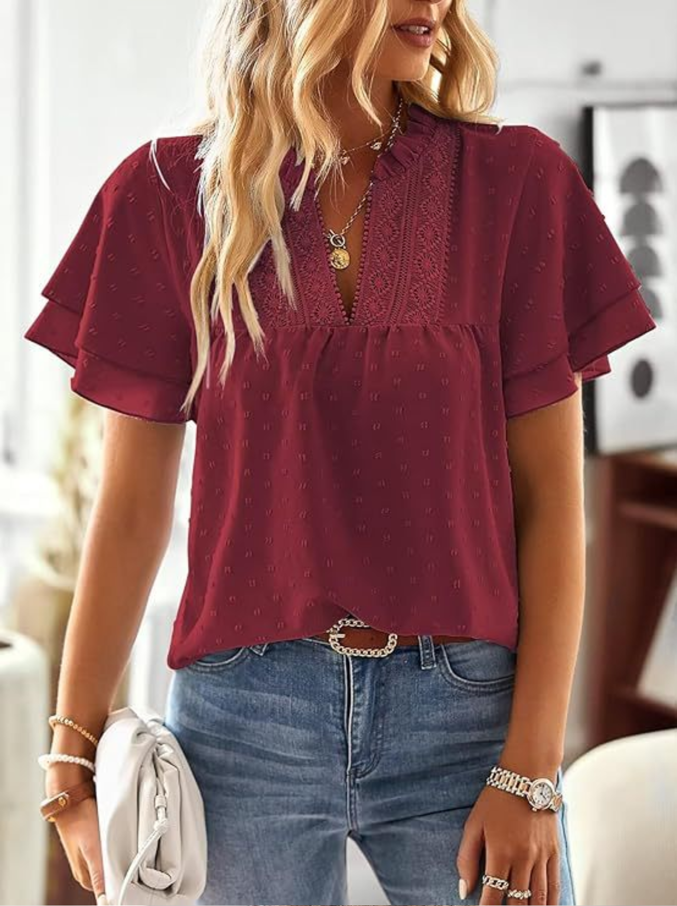 Loose V Neck Ruffle Short Sleeve Lace Elegant Blouse