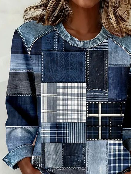 Women's Abstract Print Patchwork Denim Crewneck Long-Sleeved Sweatshirt