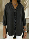 Plain Elegant V Neck Ruffle Denim Blouse