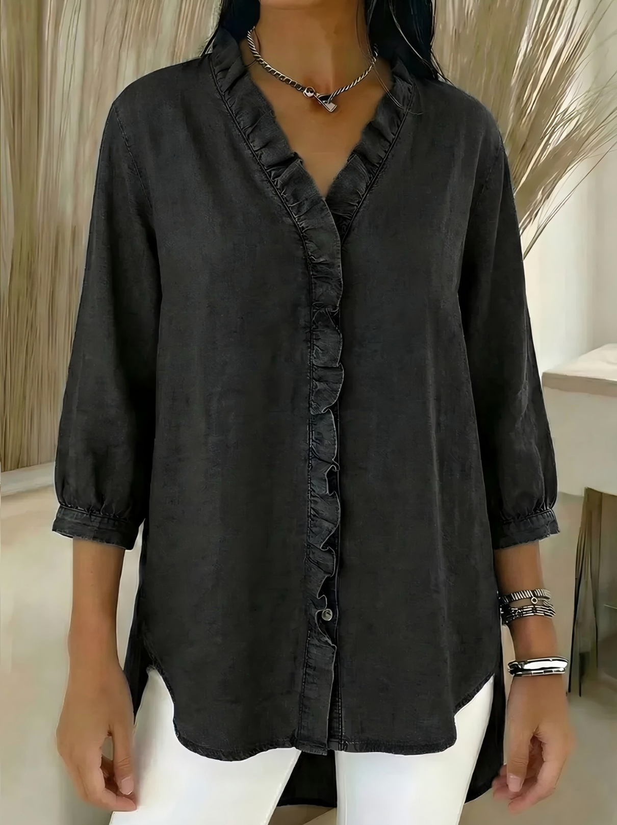 Plain Elegant V Neck Ruffle Denim Blouse