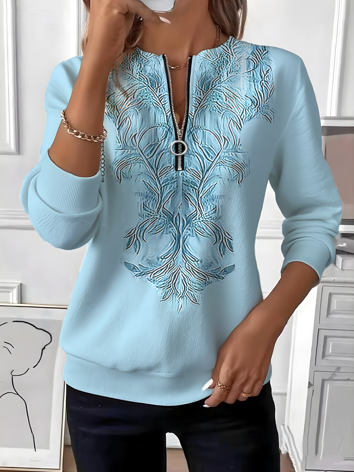 Women's Retro Art Graphic Design Everyday Long Sleeve Center Front Zip Sweatshirt