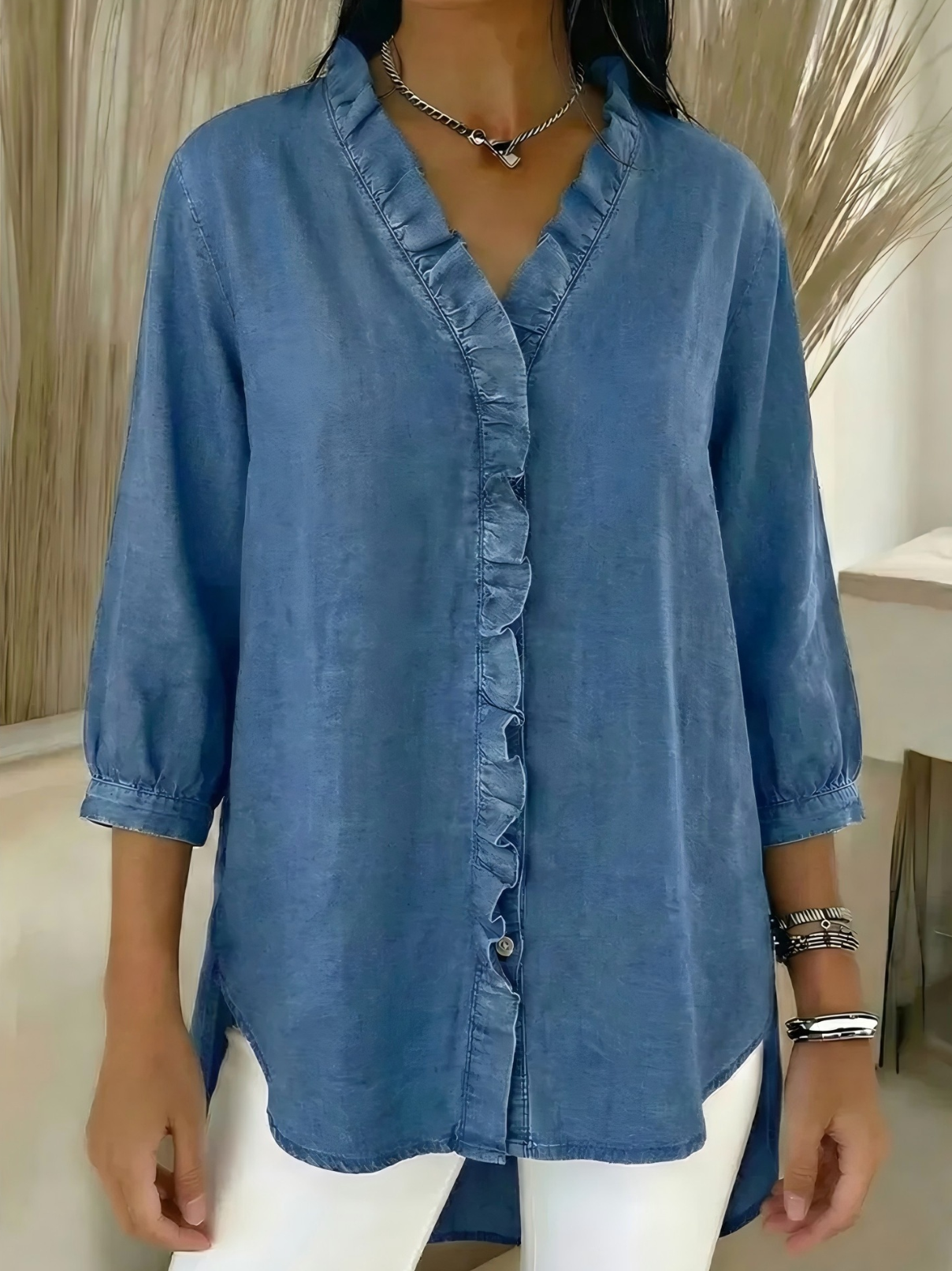 Plain Elegant V Neck Ruffle Denim Blouse